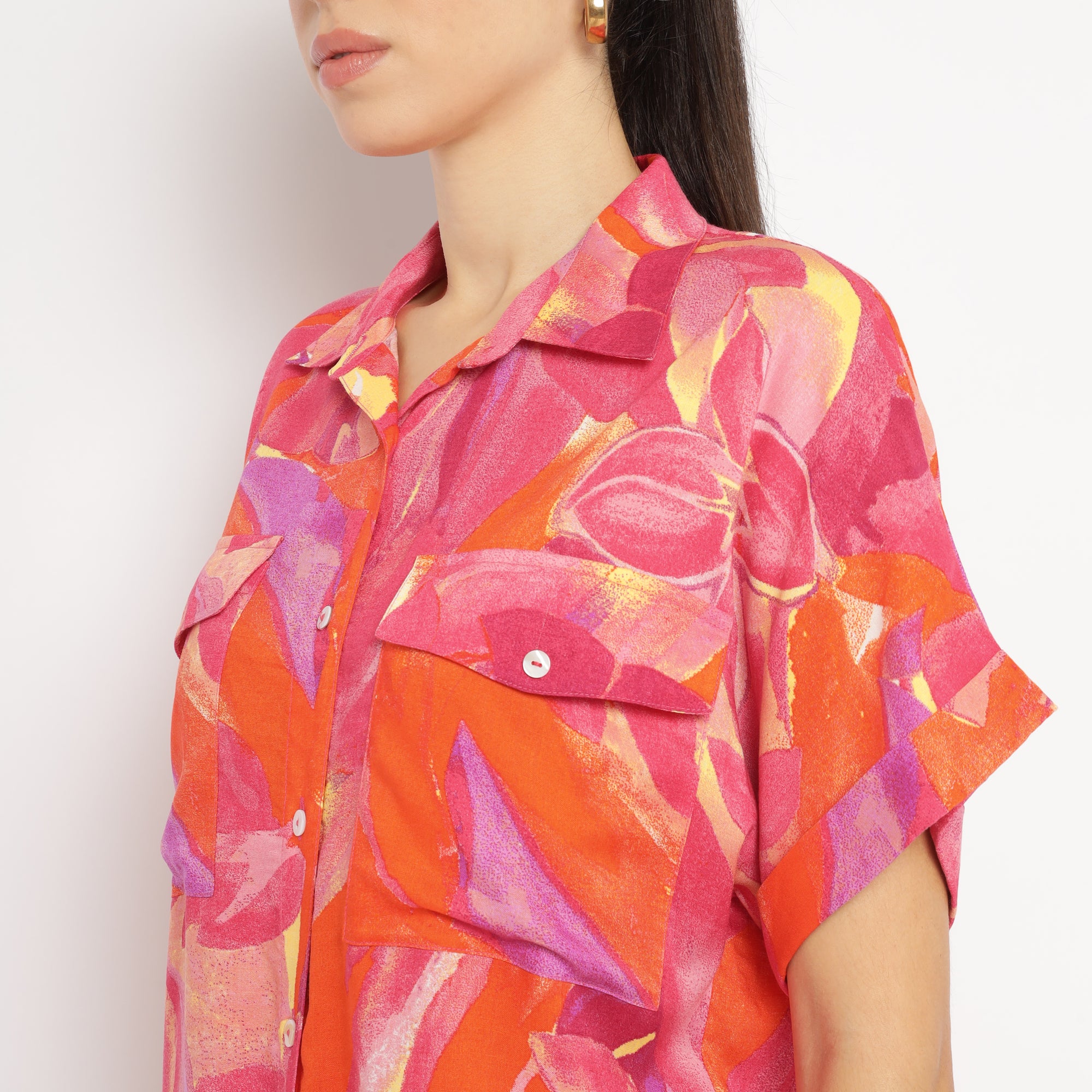Vibrant Coral-Orange Printed Co-ord Set with Shirt and Shorts