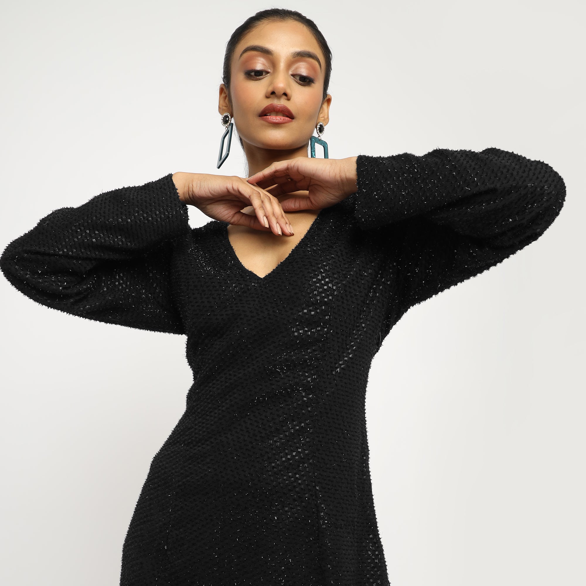 Black Long Sleeve Shimmer Mini Dress