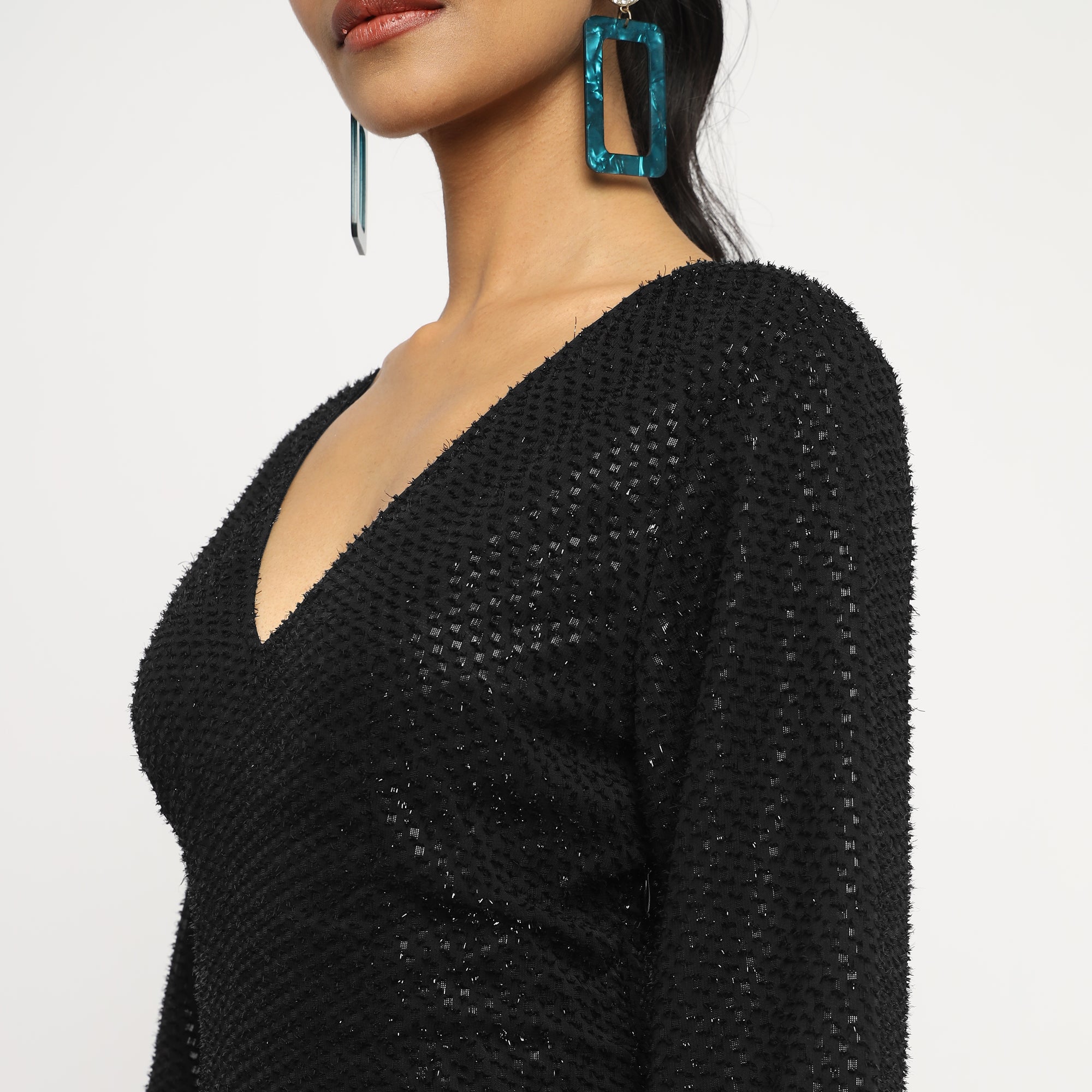 Black Long Sleeve Shimmer Mini Dress