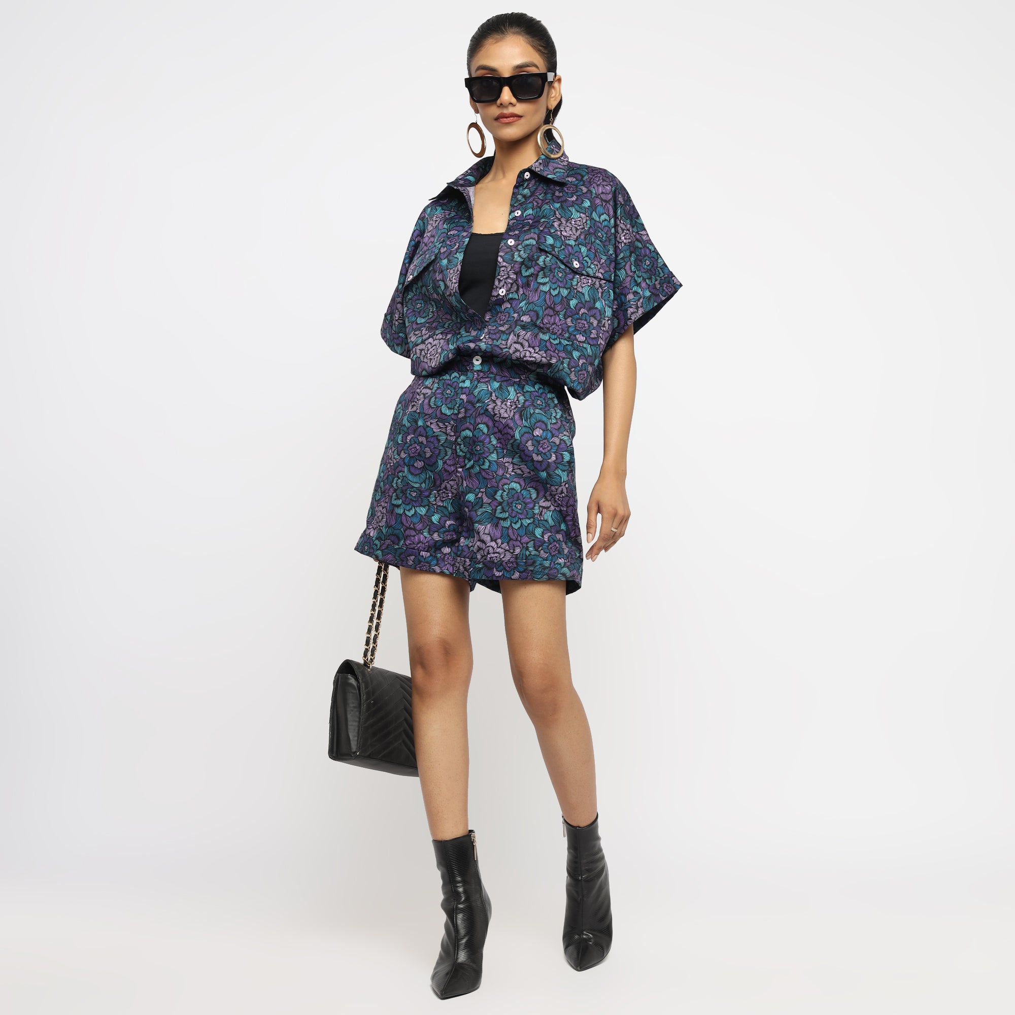 Midnight Bloom Co-ord Set – Oversized Shirt & Shorts