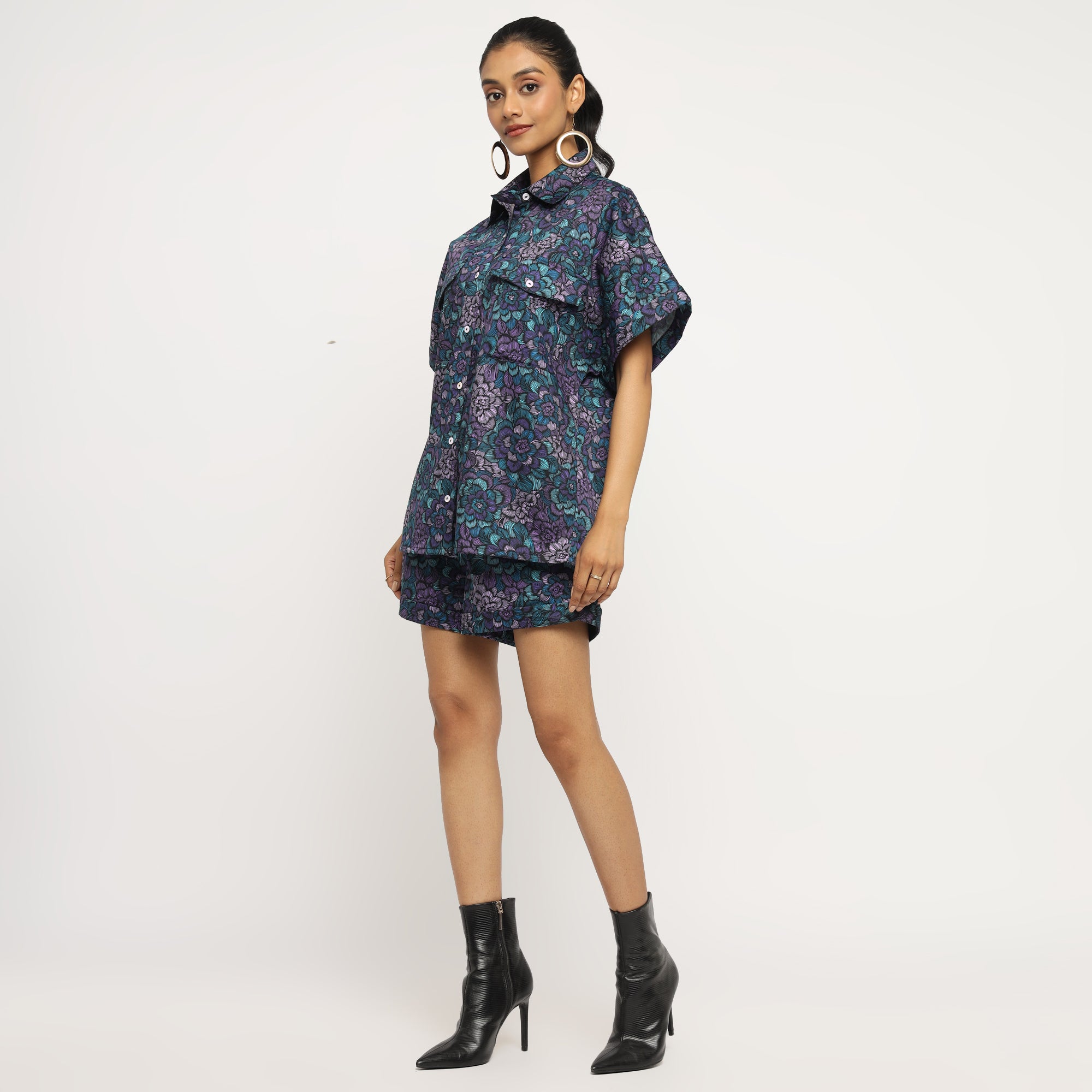 Midnight Bloom Co-ord Set – Oversized Shirt & Shorts