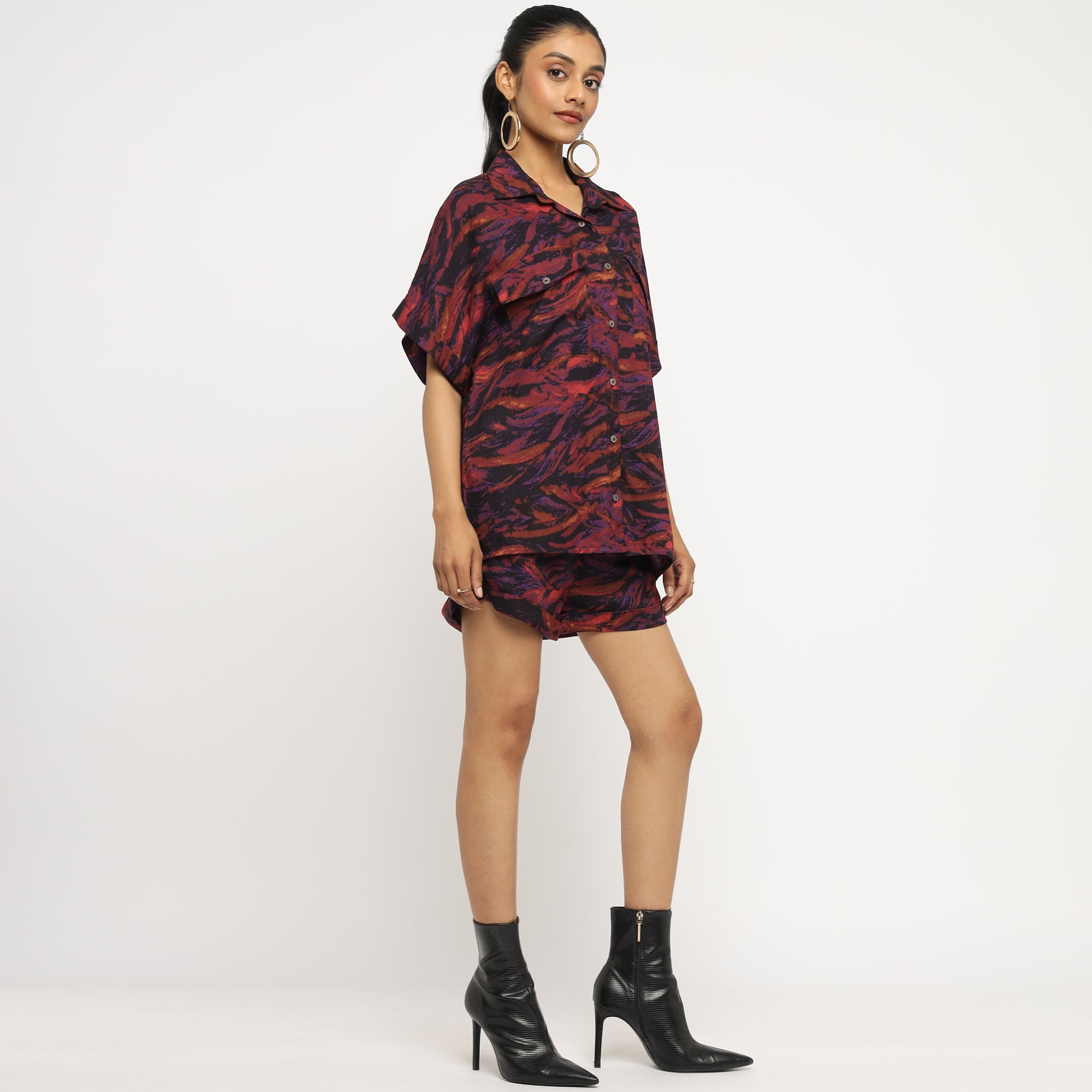 Purple Abstract Printed Co-ord Set with Oversized Shirt and Shorts
