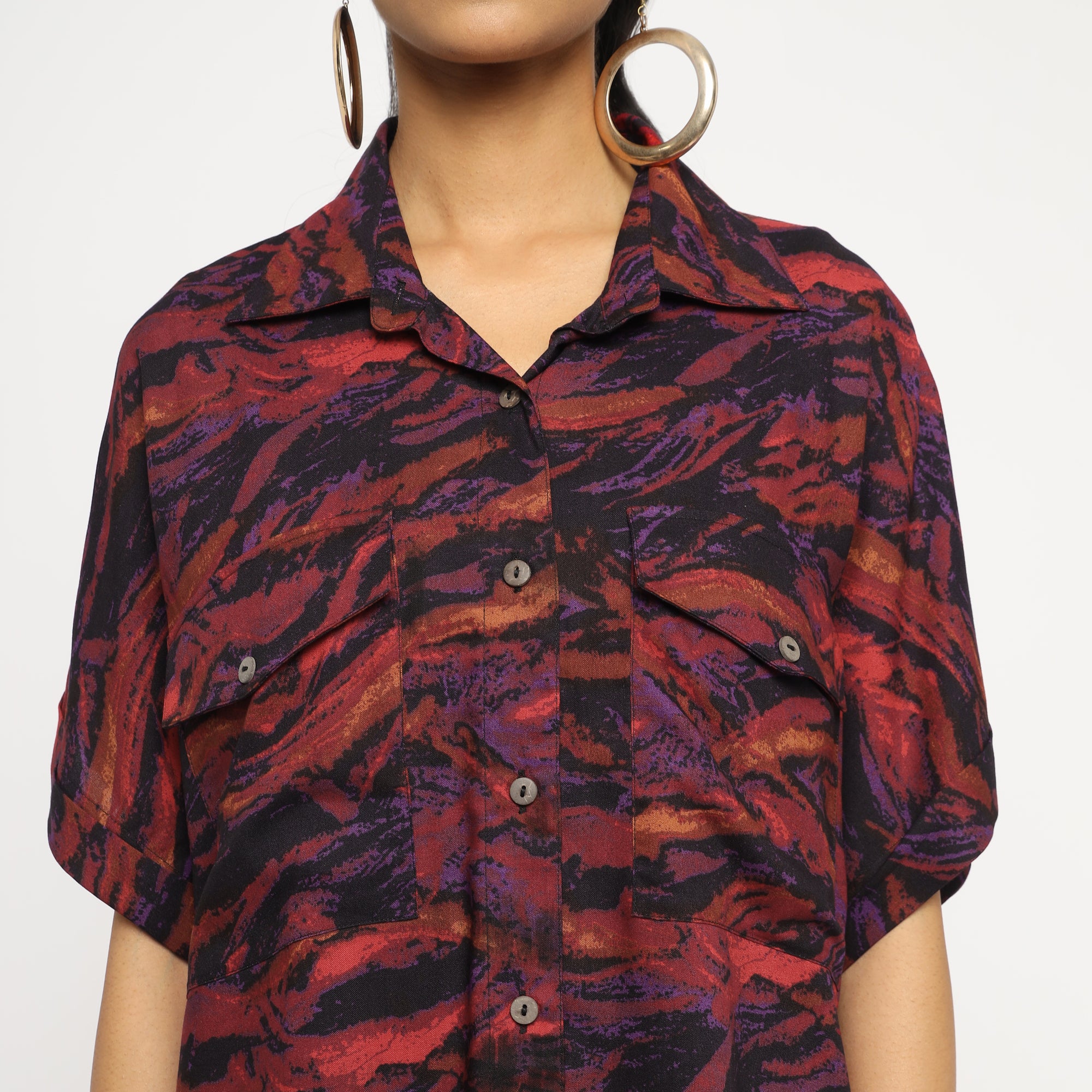 Purple Abstract Printed Co-ord Set with Oversized Shirt and Shorts