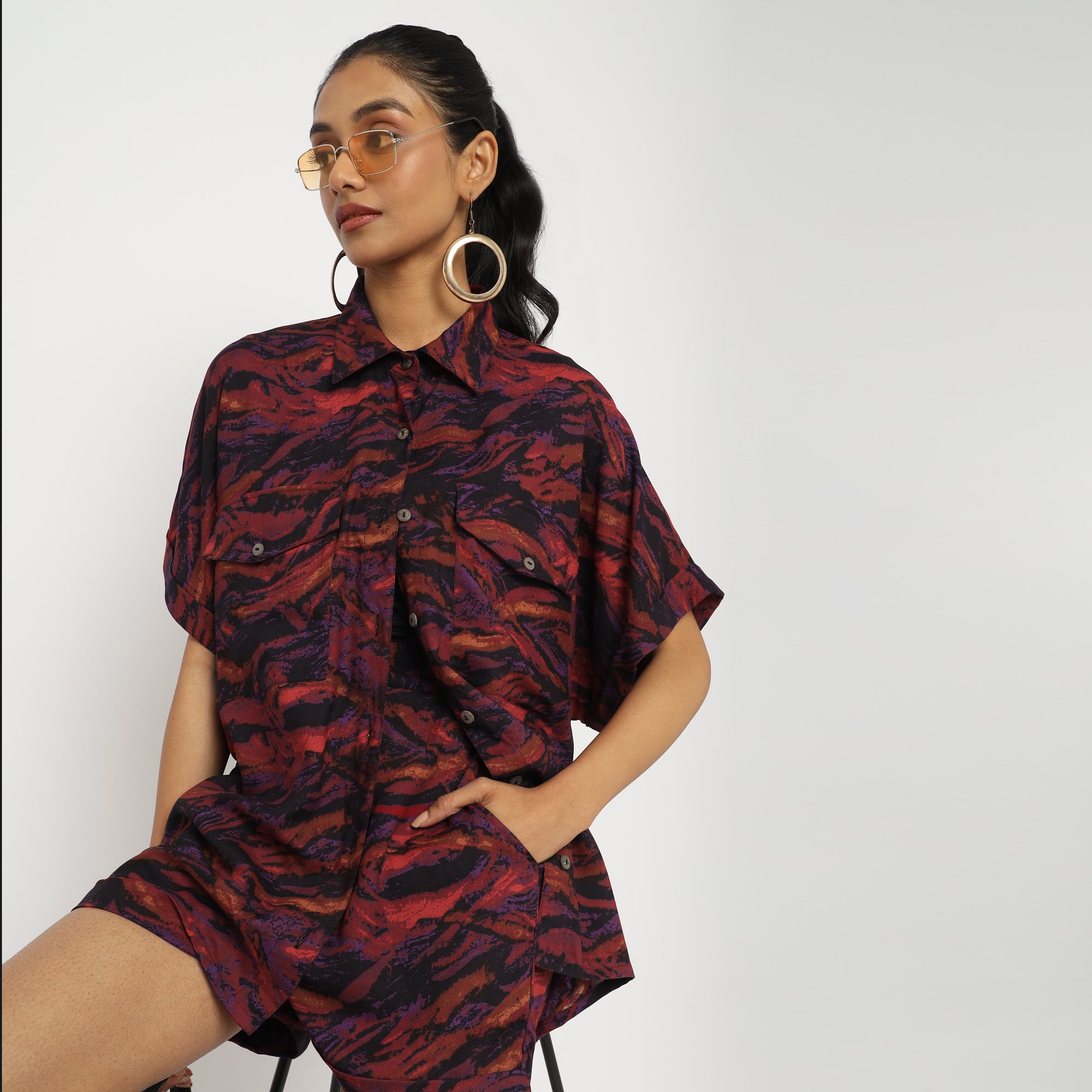 Purple Abstract Printed Co-ord Set with Oversized Shirt and Shorts