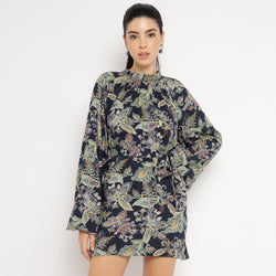 Botanical Print High-Neck Mini Dress
