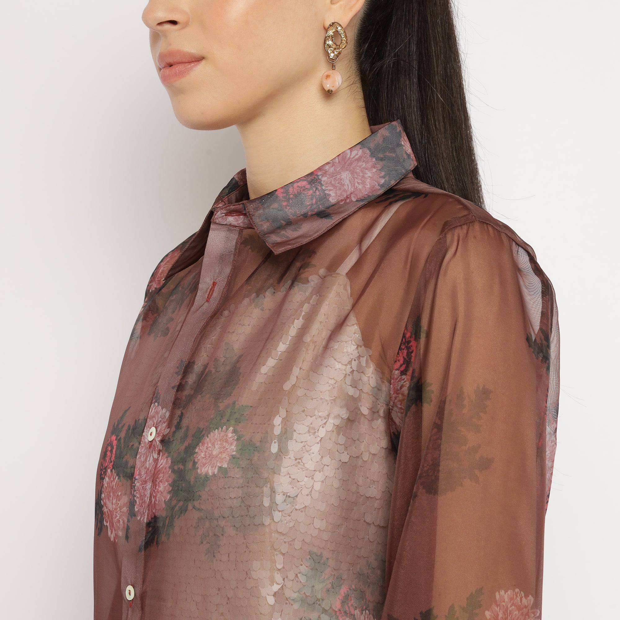 White Sequin Crop Top with Brown Floral Organza Overshirt Set
