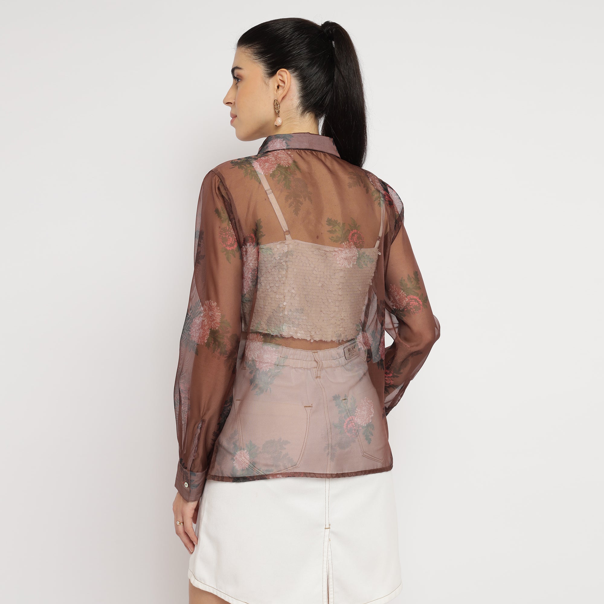 White Sequin Crop Top with Brown Floral Organza Overshirt Set