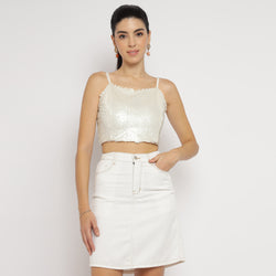 White Sequin Crop Top with Brown Floral Organza Overshirt Set