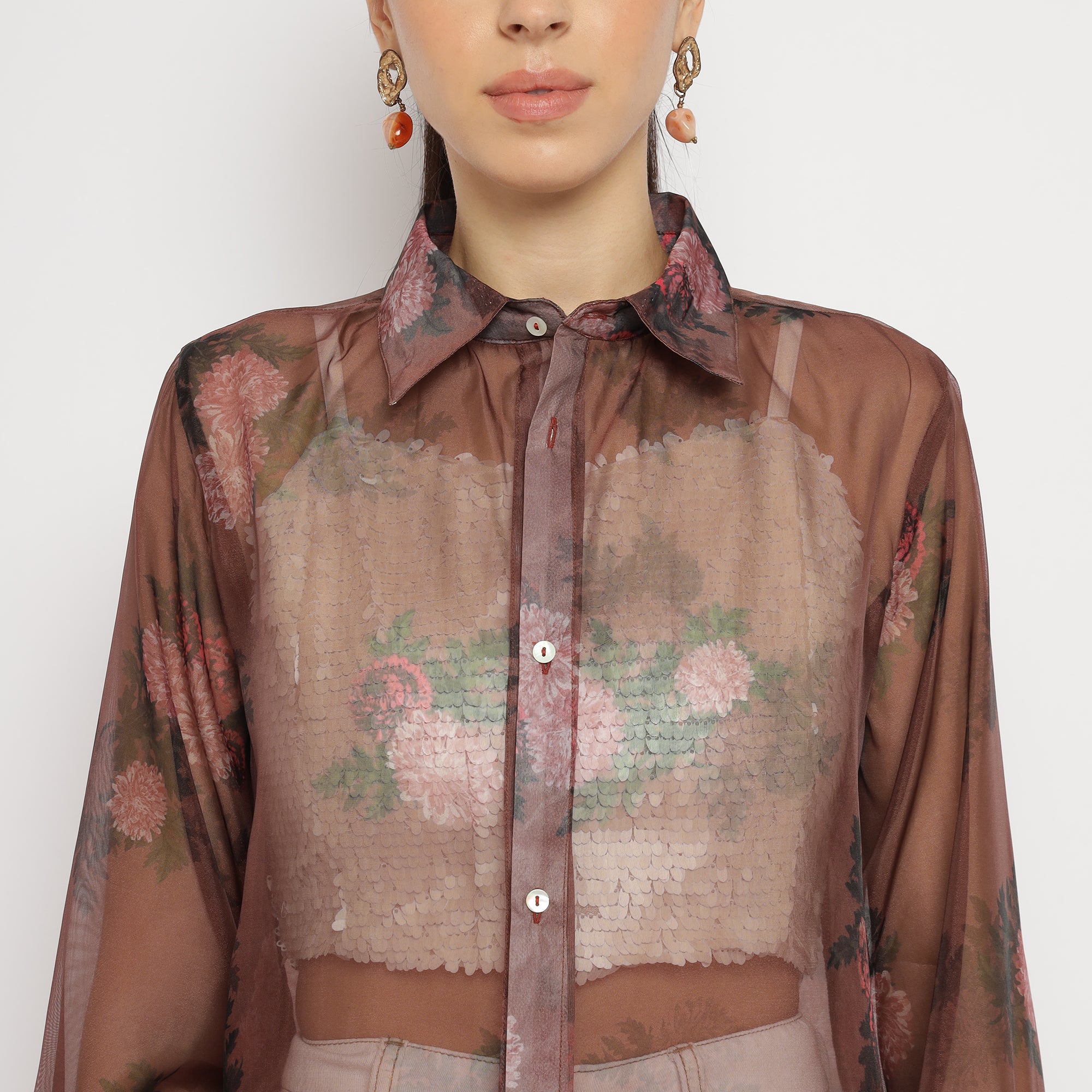 White Sequin Crop Top with Brown Floral Organza Overshirt Set